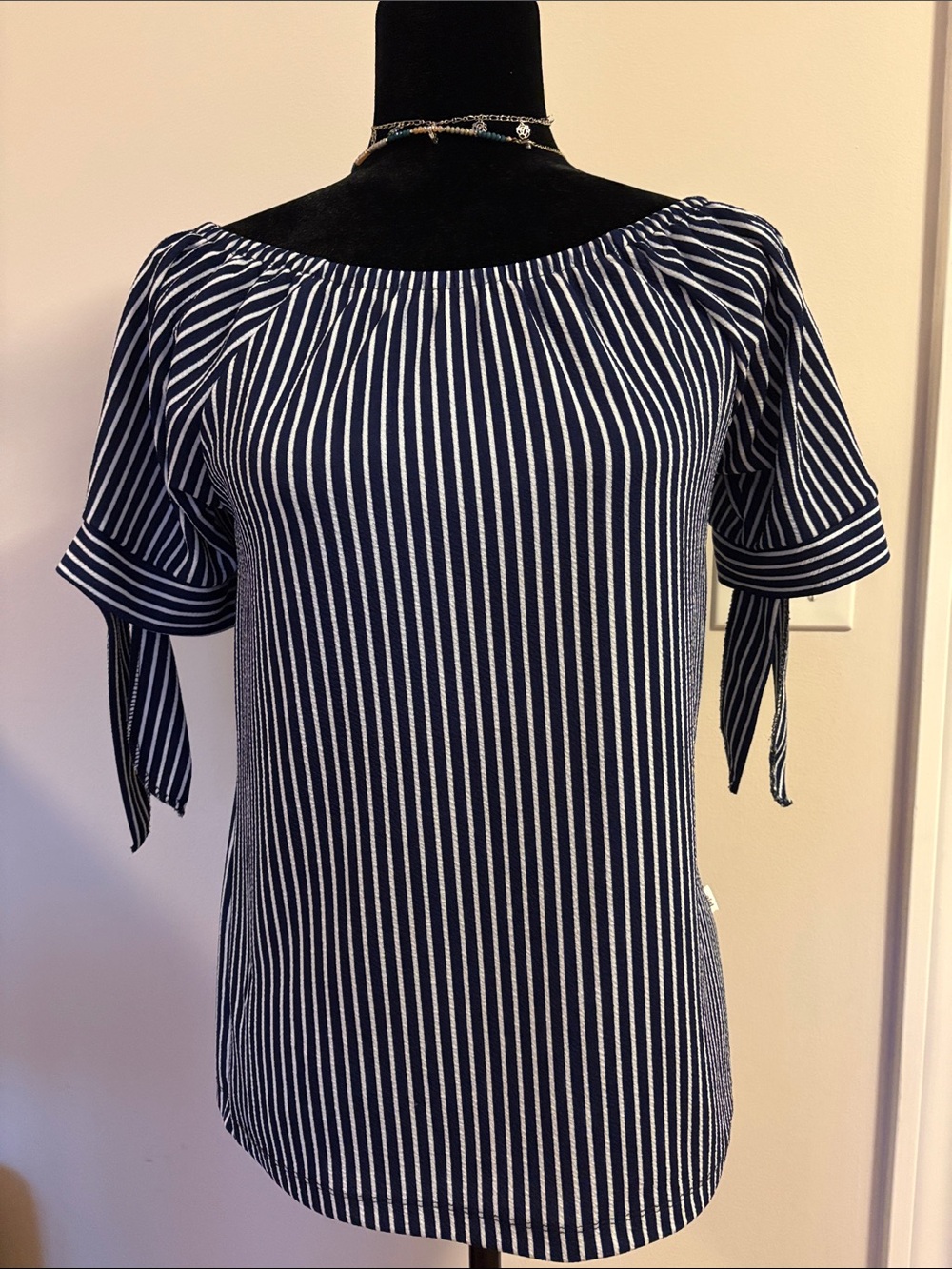 Classic Navy and White Striped Off-Shoulder Tie-Sleeve Blouse